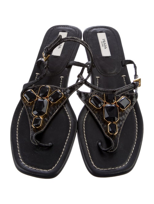 Prada Leather Crystal Embellishments T-Strap Sandals