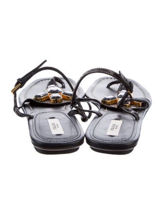 Prada Leather Crystal Embellishments T-Strap Sandals