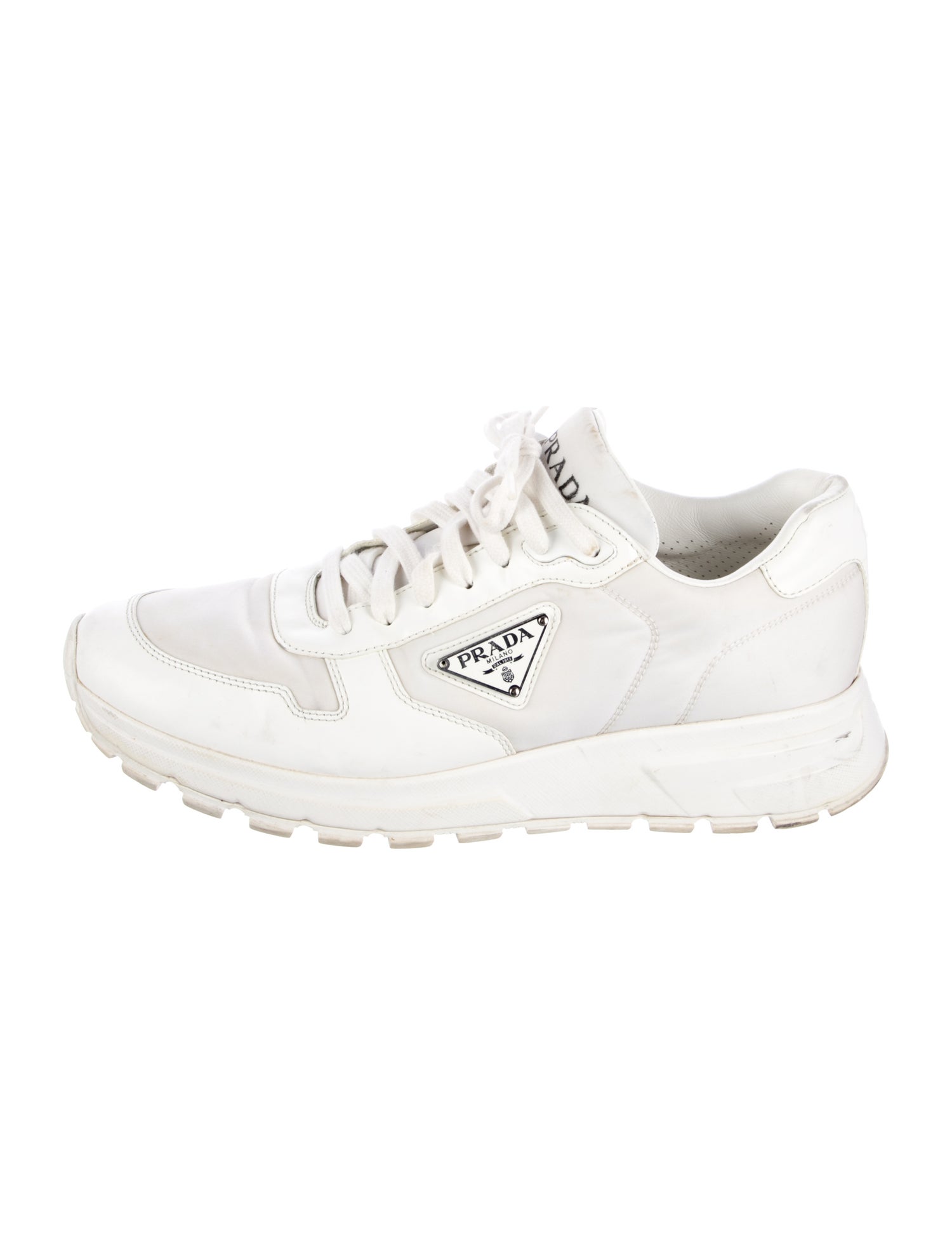Prada Enameled Metal Triangle Nylon Sneakers