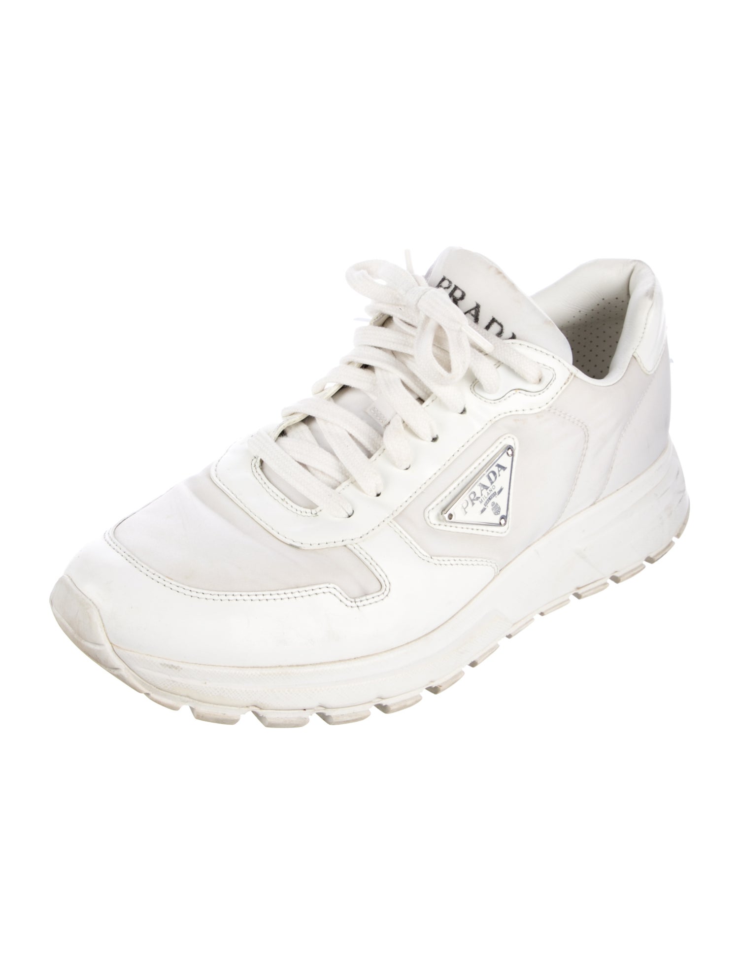 Prada Enameled Metal Triangle Nylon Sneakers