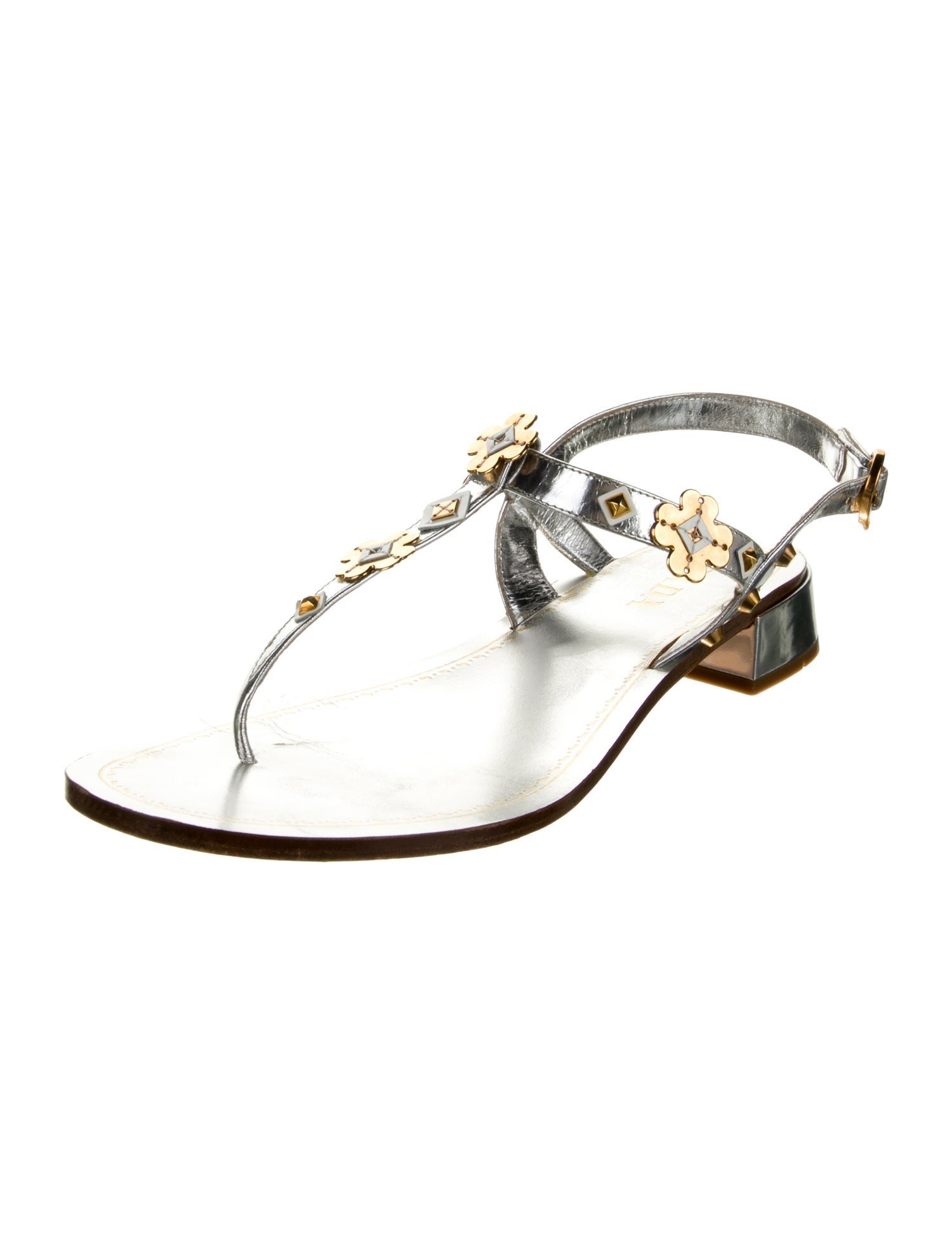 Prada Leather Studded Accents T-Strap Sandals