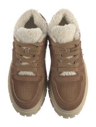 Prada Enameled Metal Triangle Suede Sneakers