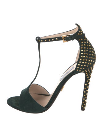 Prada Suede Studded Accents T-Strap Sandals
