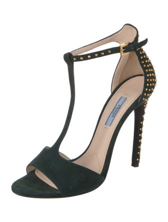 Prada Suede Studded Accents T-Strap Sandals