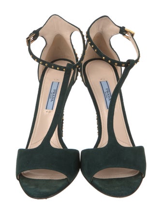 Prada Suede Studded Accents T-Strap Sandals