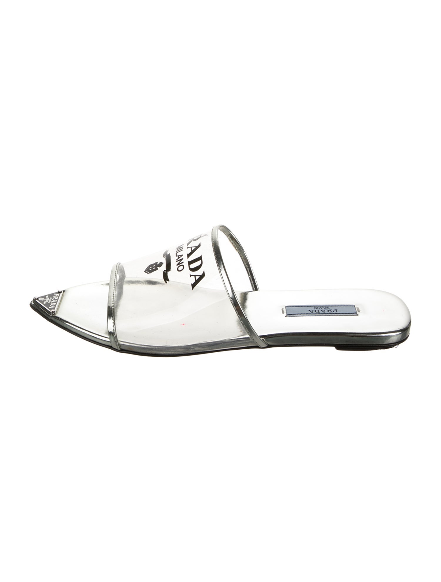 Prada Enameled Metal Triangle Patent Leather Mules