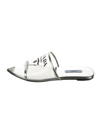 Prada Enameled Metal Triangle Patent Leather Mules