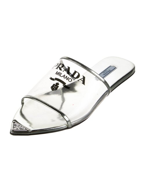 Prada Enameled Metal Triangle Patent Leather Mules