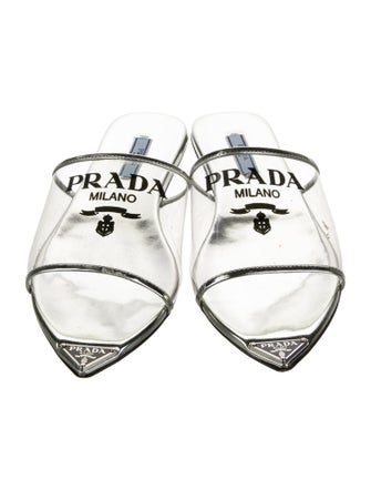 Prada Enameled Metal Triangle Patent Leather Mules