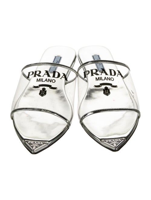 Prada Enameled Metal Triangle Patent Leather Mules