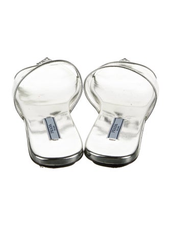 Prada Enameled Metal Triangle Patent Leather Mules