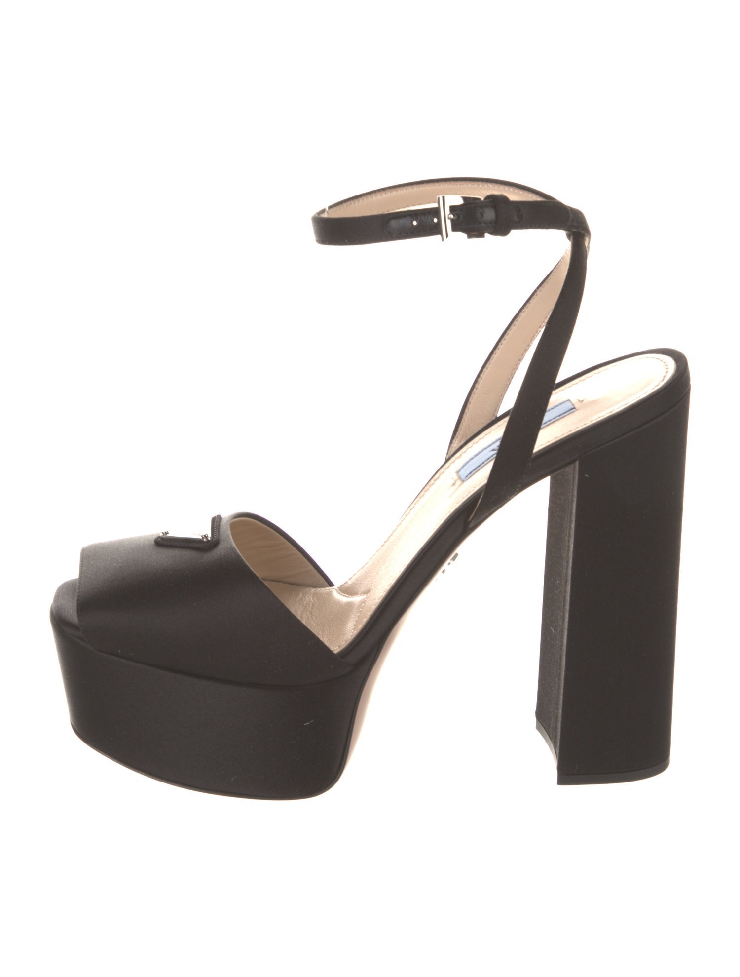 Prada Enameled Metal Triangle Satin Sandals