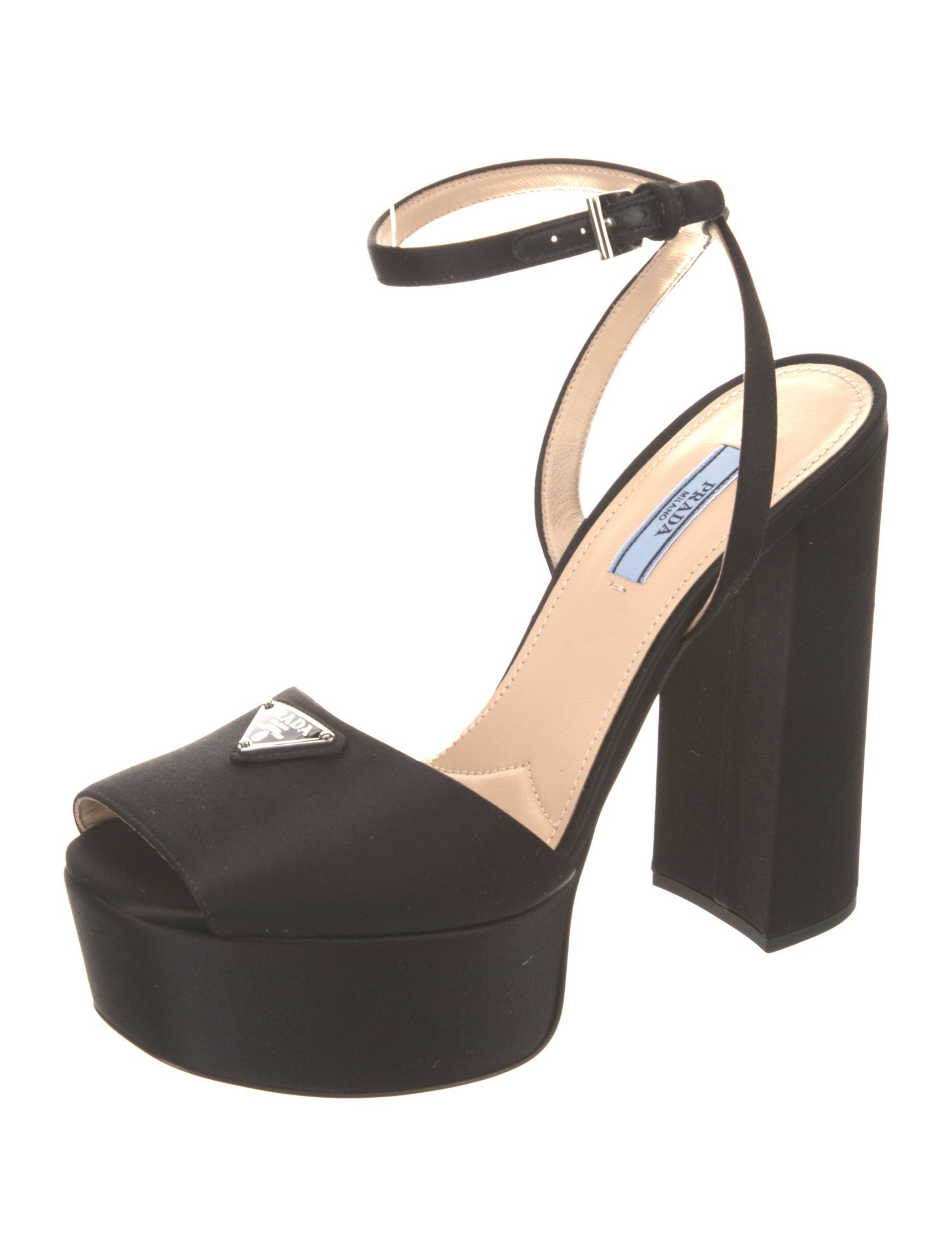 Prada Enameled Metal Triangle Satin Sandals