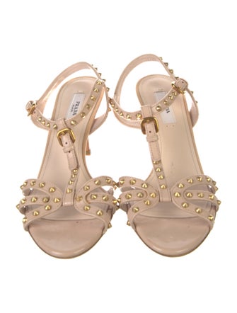 Prada Patent Leather Studded Accents T-Strap Sandals
