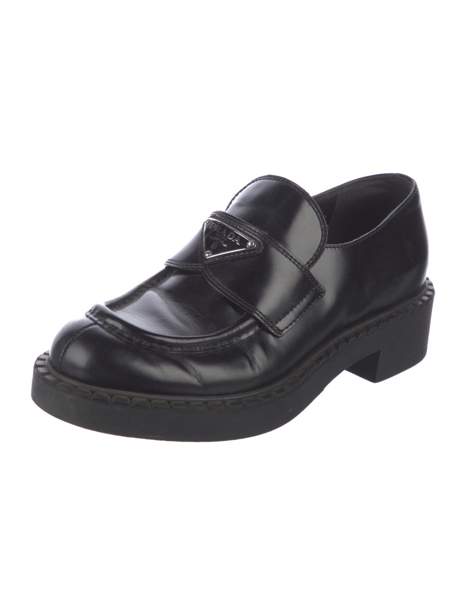 Prada Enameled Metal Triangle Leather Oxfords