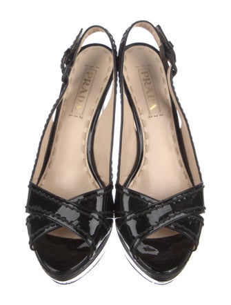 Prada Patent Leather Whipstitch Trim Slingback Sandals