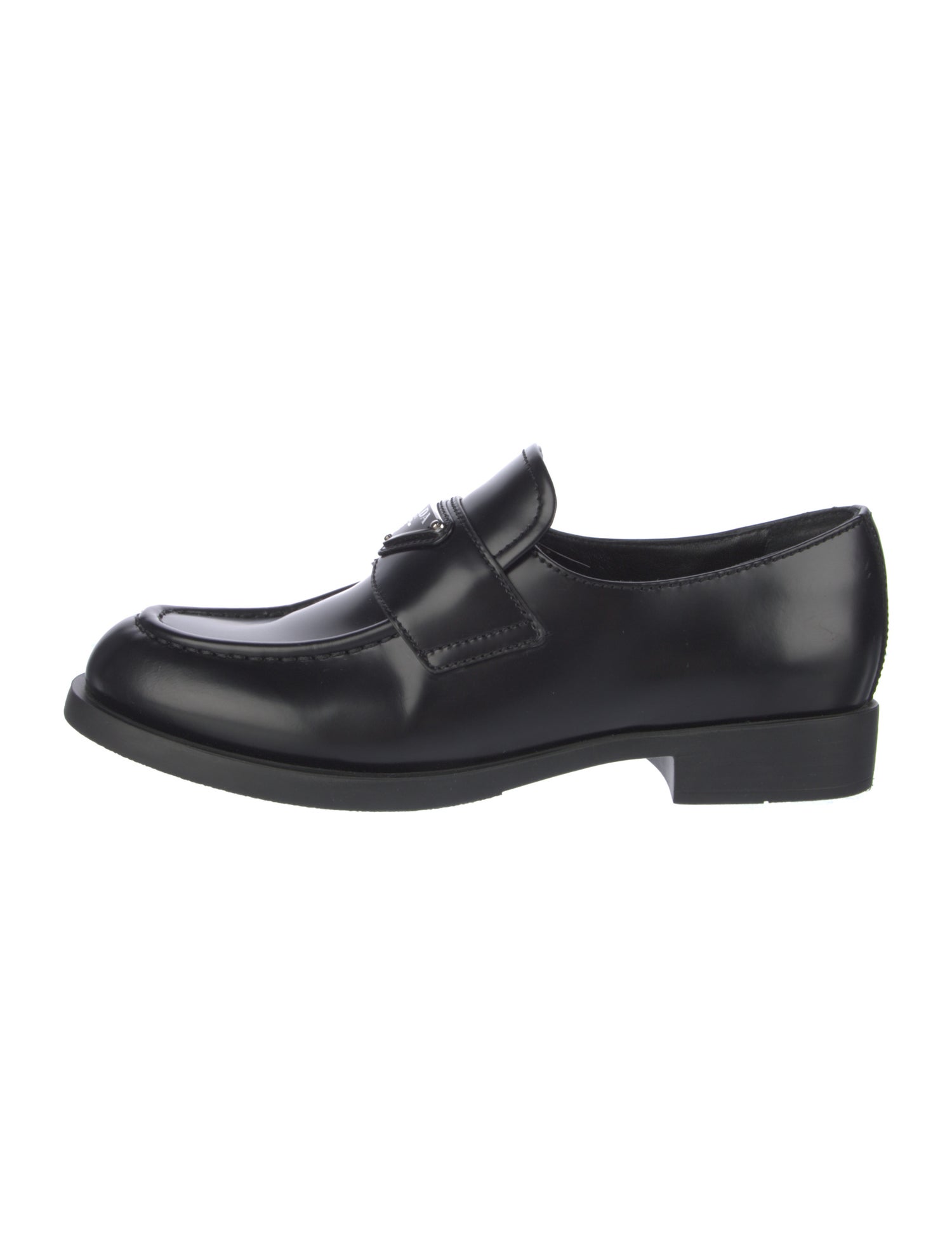 Prada Enameled Metal Triangle Leather Loafers
