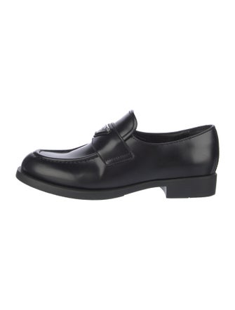Prada Enameled Metal Triangle Leather Loafers