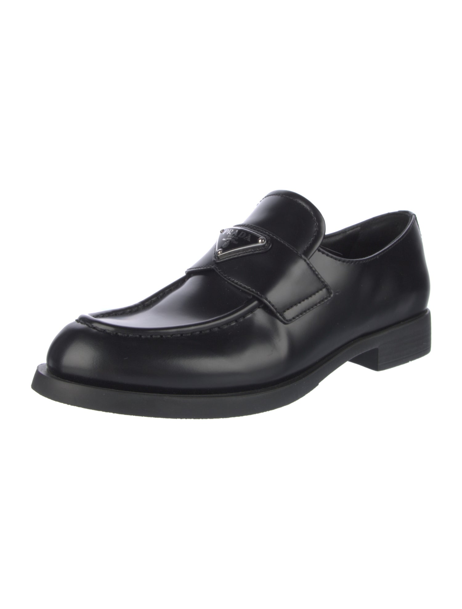 Prada Enameled Metal Triangle Leather Loafers