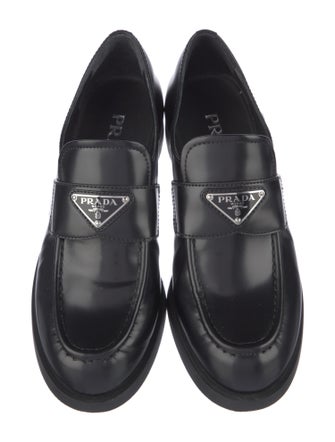 Prada Enameled Metal Triangle Leather Loafers