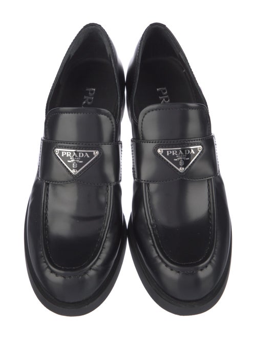 Prada Enameled Metal Triangle Leather Loafers