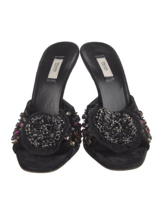Prada Velvet Crystal Embellishments Slides