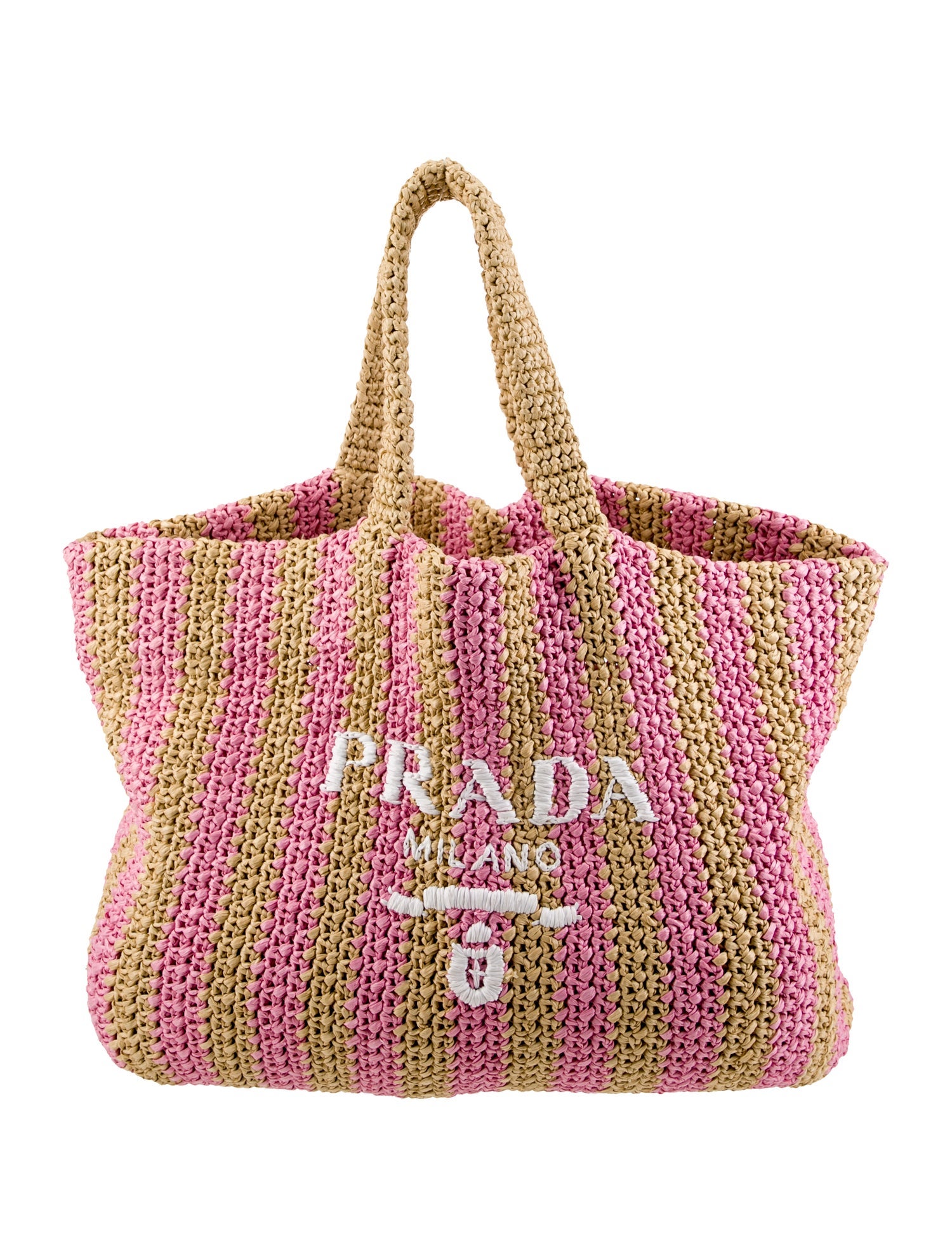 Prada Enameled Metal Triangle Raffia Logo Tote