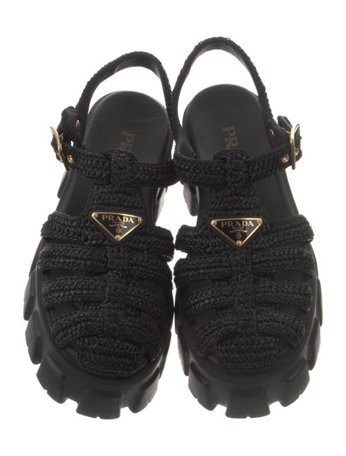 Prada Enameled Metal Triangle Raffia Gladiator Sandals
