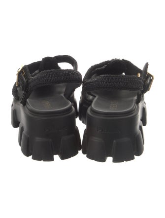 Prada Enameled Metal Triangle Raffia Gladiator Sandals