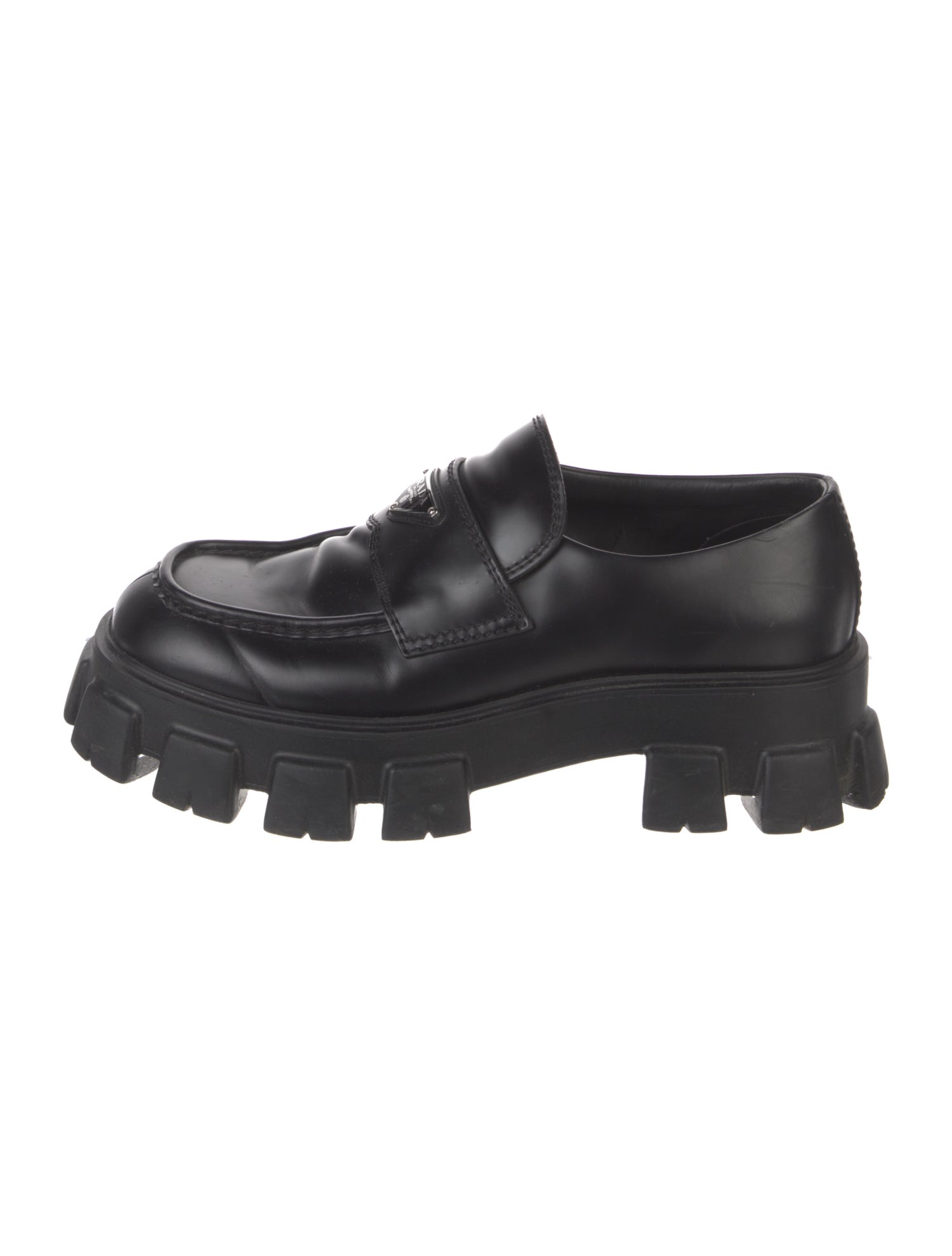 Prada Enameled Metal Triangle Leather Loafers