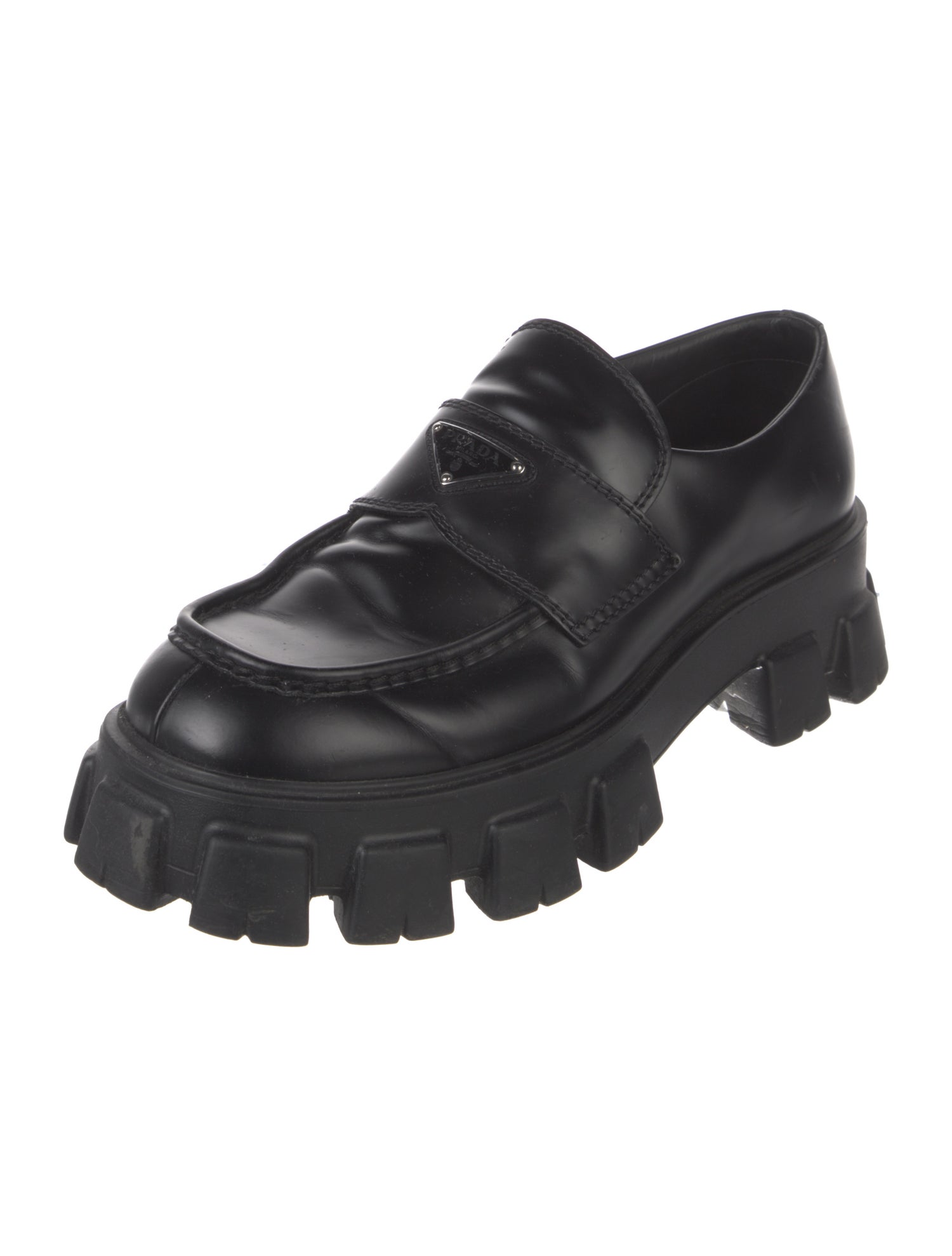 Prada Enameled Metal Triangle Leather Loafers