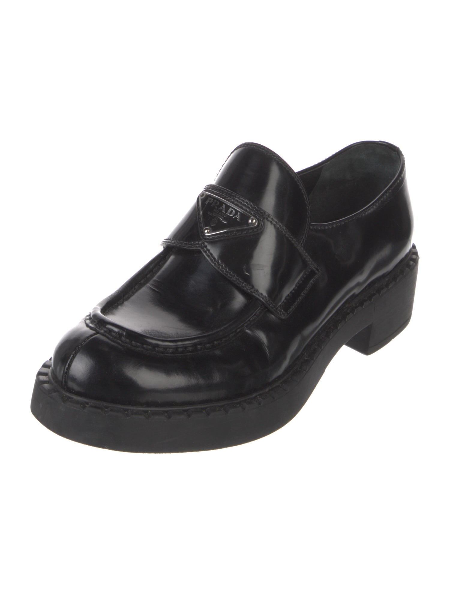Prada Enameled Metal Triangle Leather Loafers