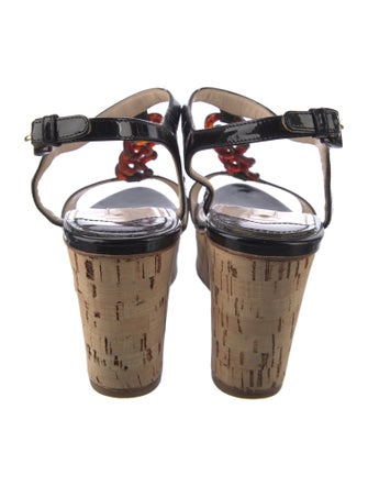 Prada Patent Leather Chain-Link Accents T-Strap Sandals