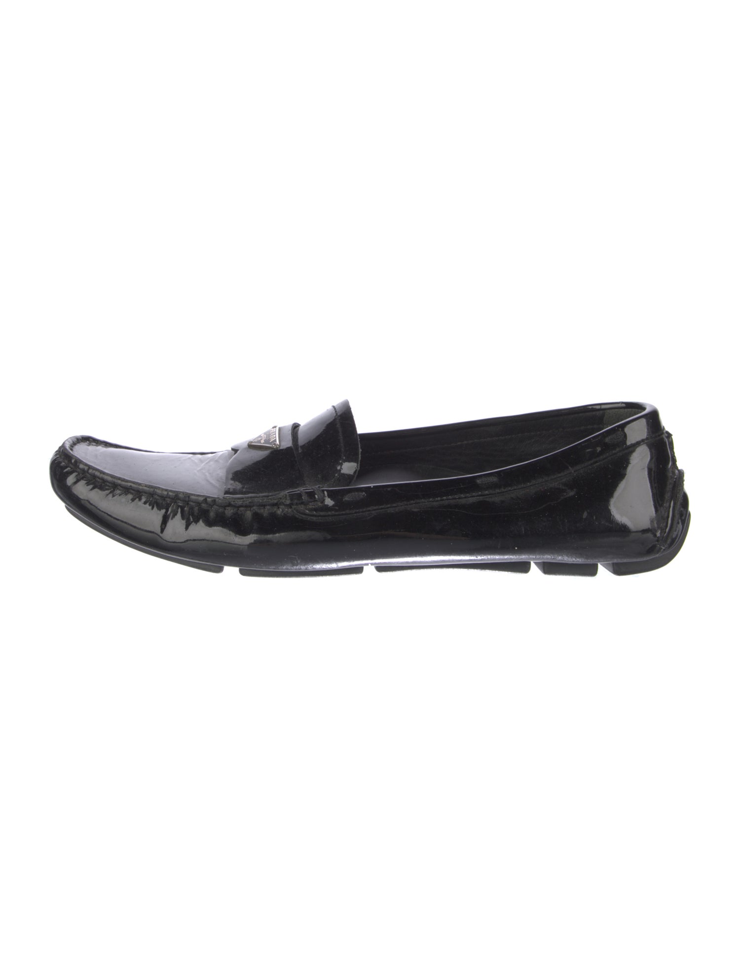 Prada Enameled Metal Triangle Patent Leather Loafers