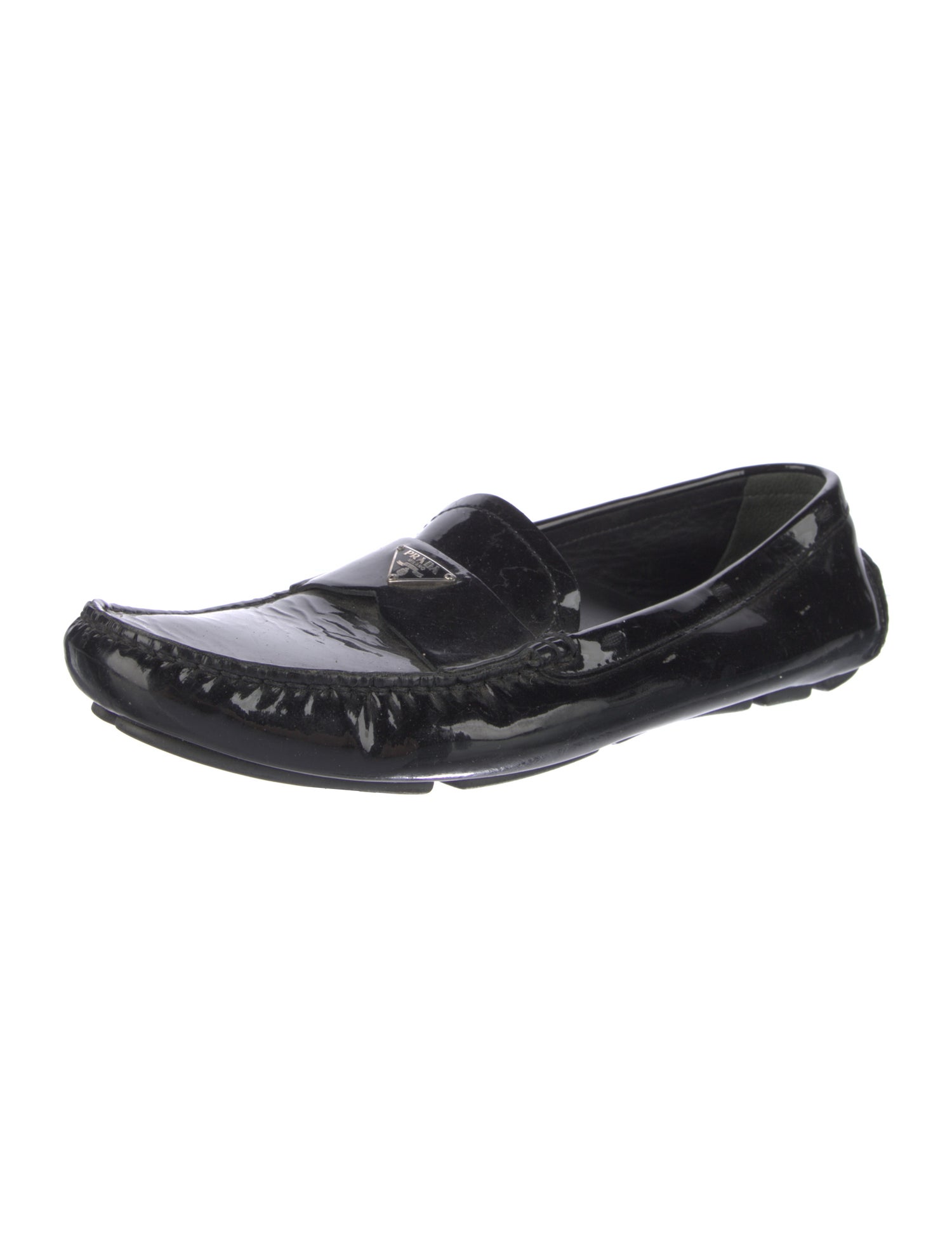 Prada Enameled Metal Triangle Patent Leather Loafers