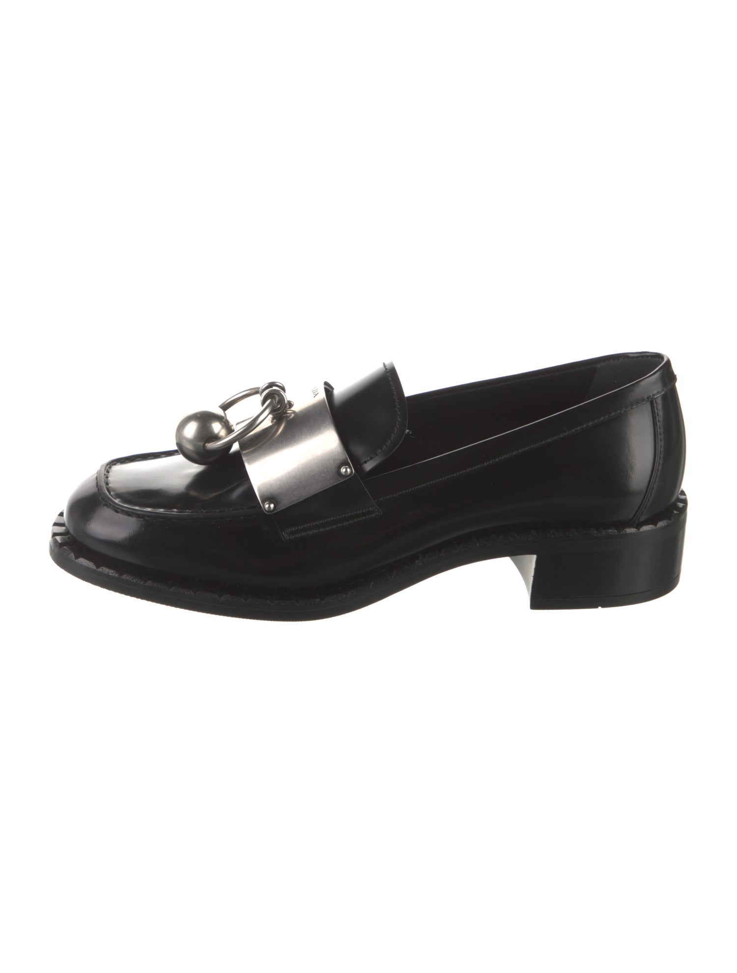 Prada Enameled Metal Triangle Leather Loafers