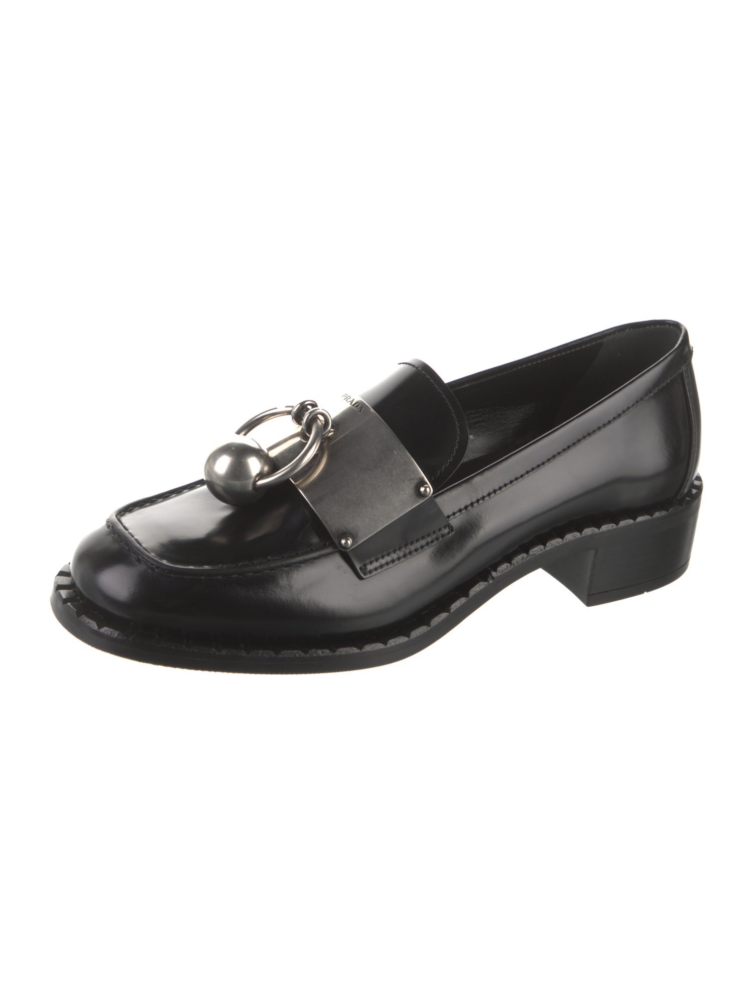 Prada Enameled Metal Triangle Leather Loafers