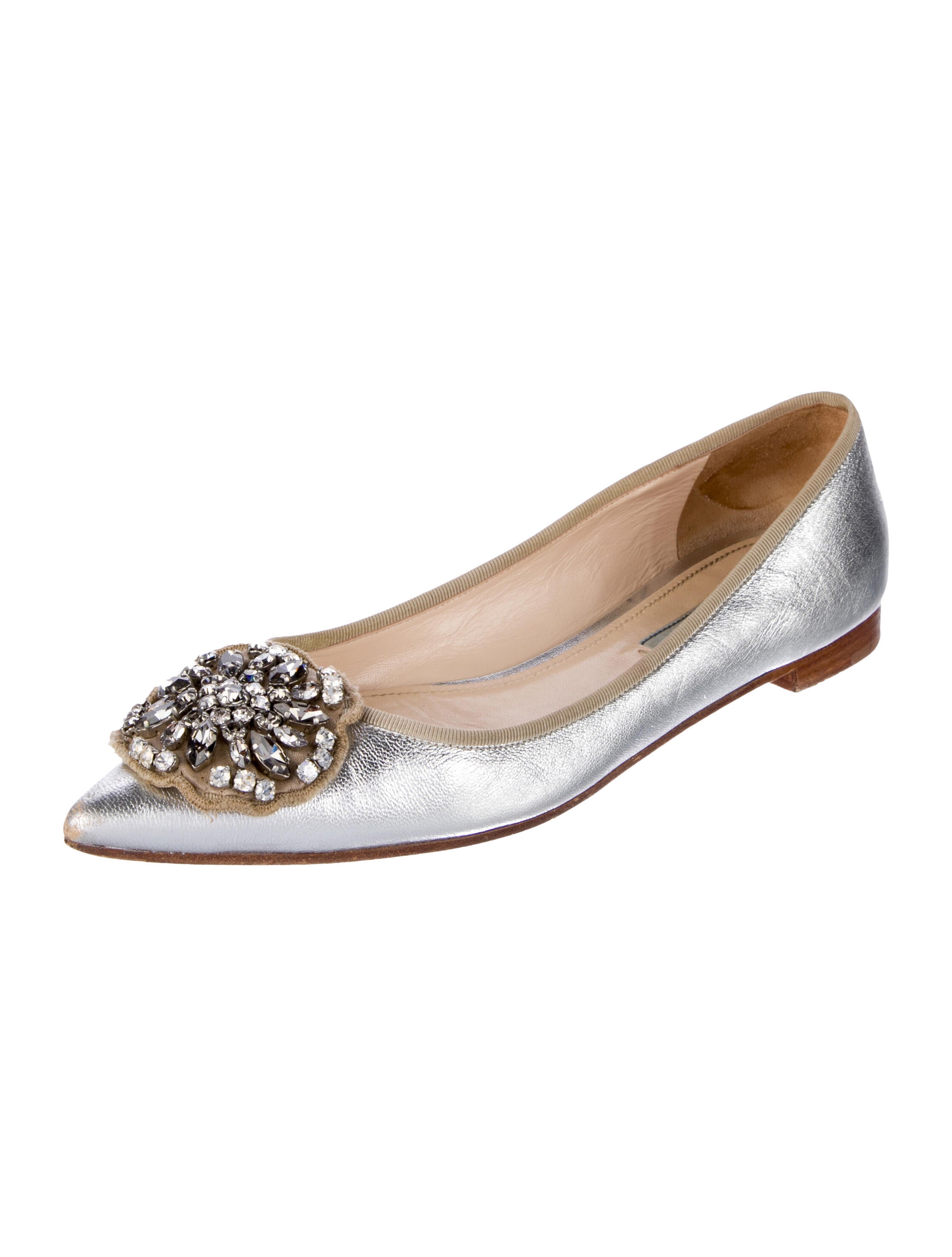 Prada Leather Crystal Embellishments Flats