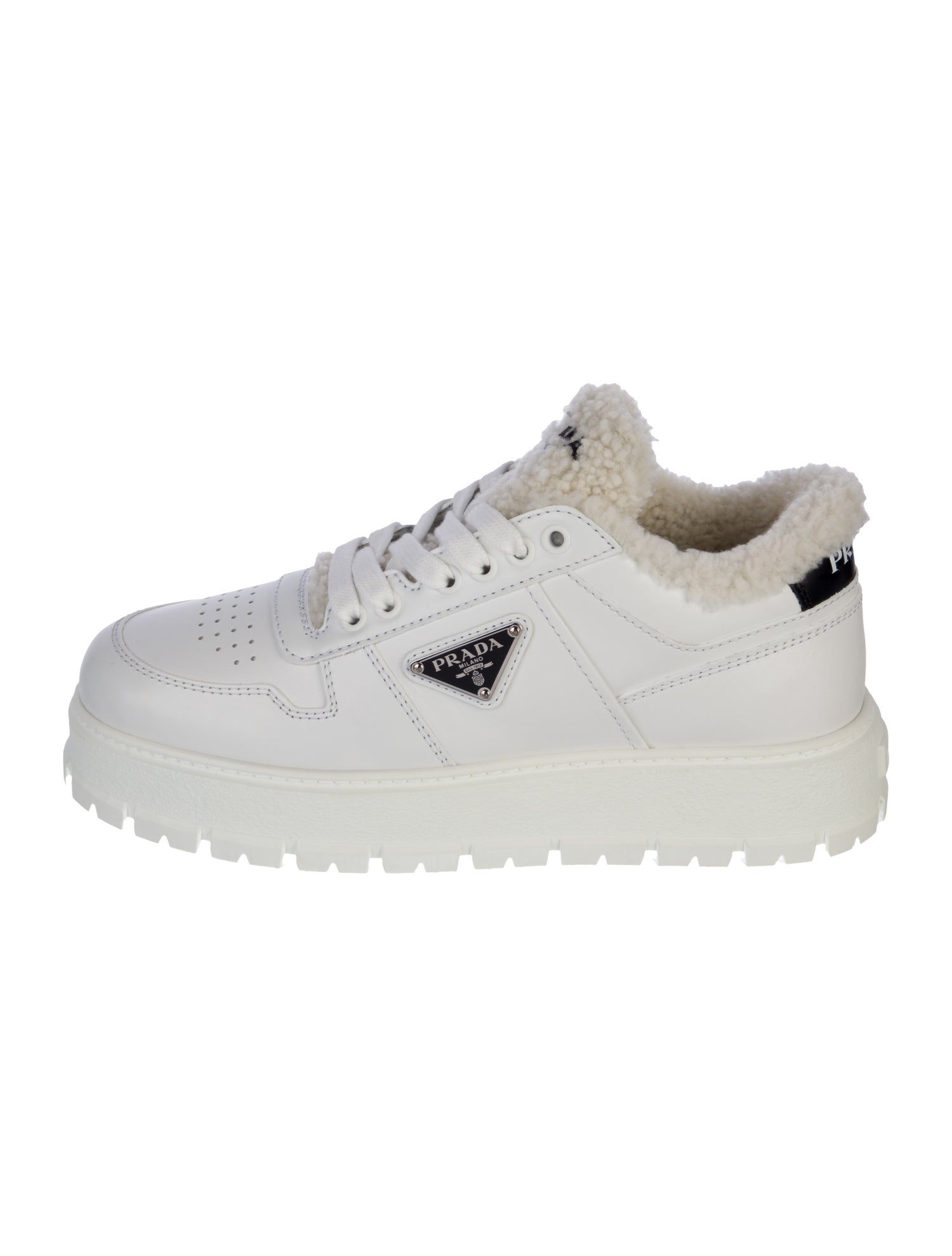 Prada Enameled Metal Triangle Leather Sneakers