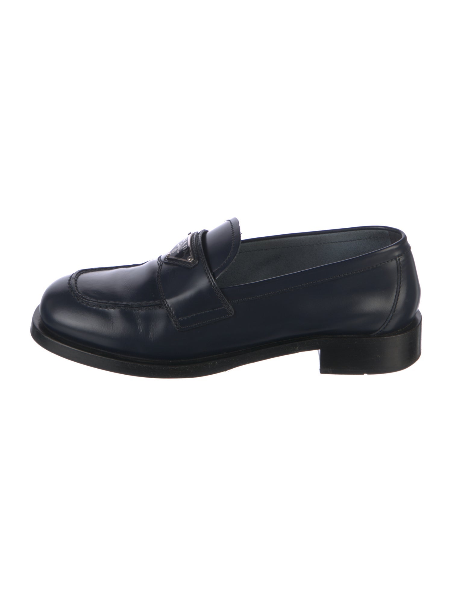 Prada Enameled Metal Triangle Leather Loafers