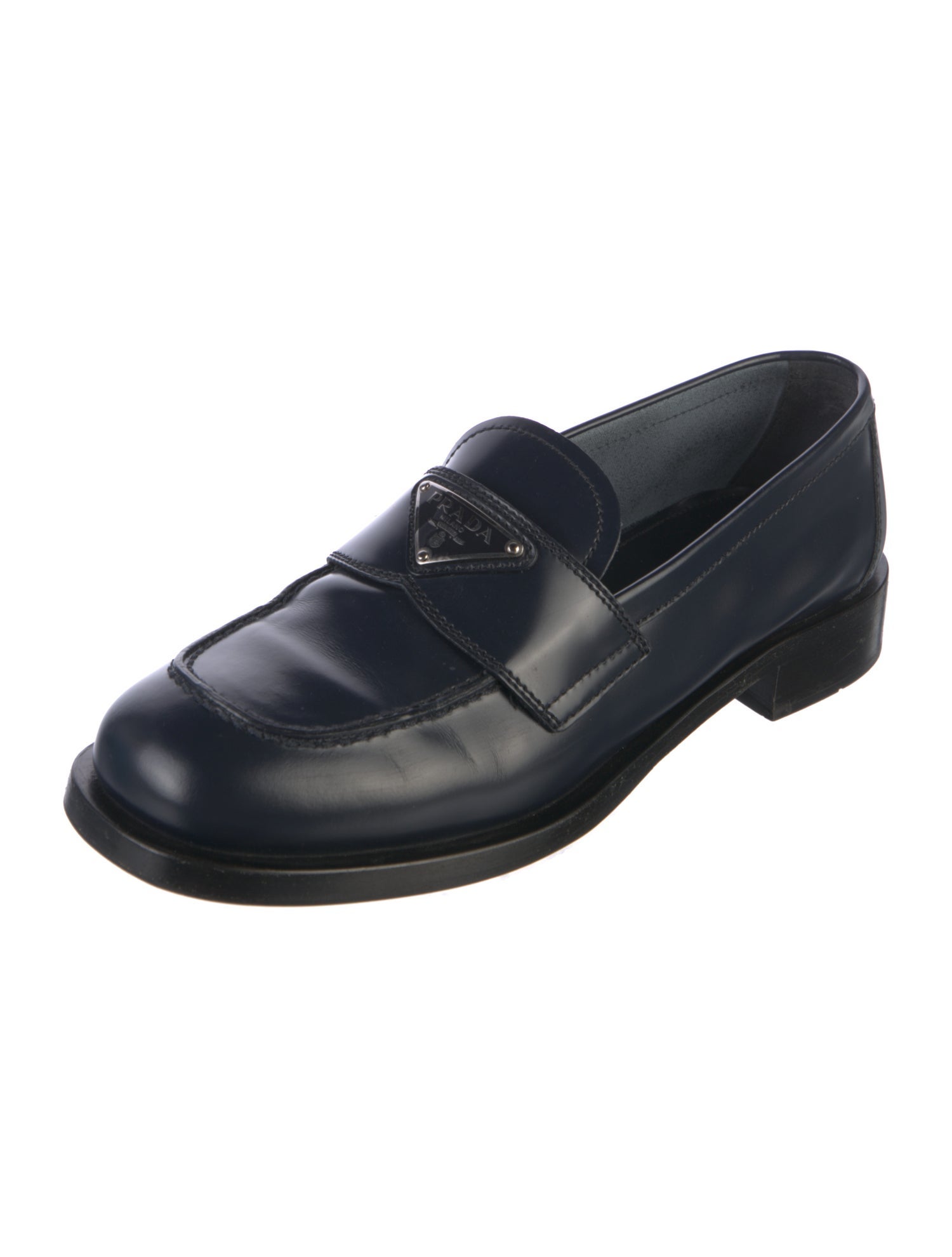 Prada Enameled Metal Triangle Leather Loafers