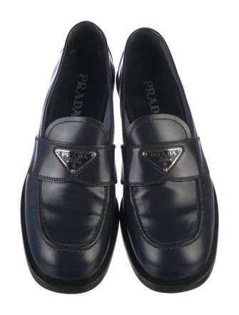Prada Enameled Metal Triangle Leather Loafers