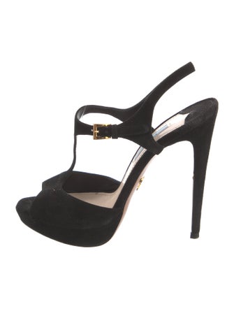 Prada Suede Cutout Accent T-Strap Sandals