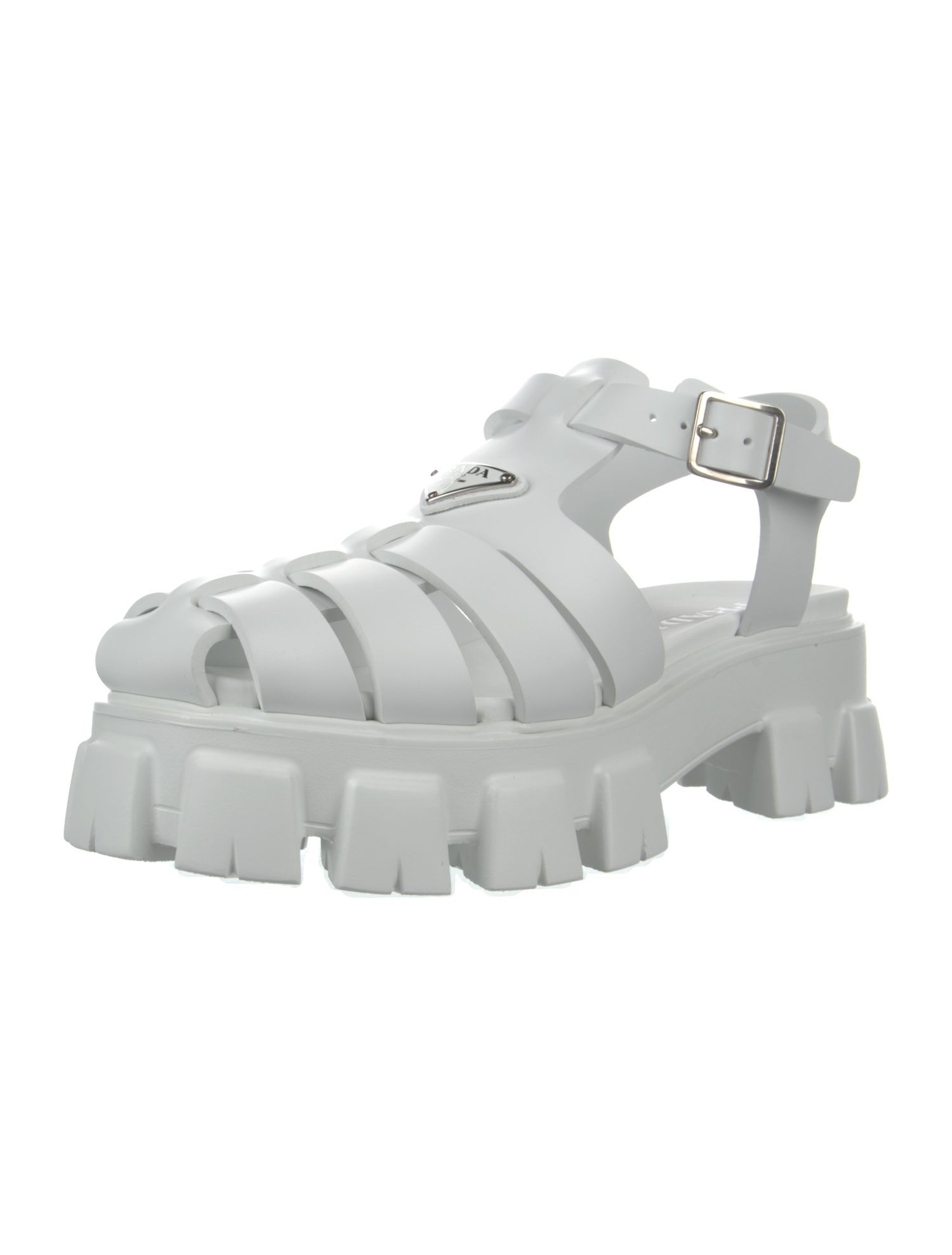 Prada Enameled Metal Triangle Rubber Gladiator Sandals w/ Tags