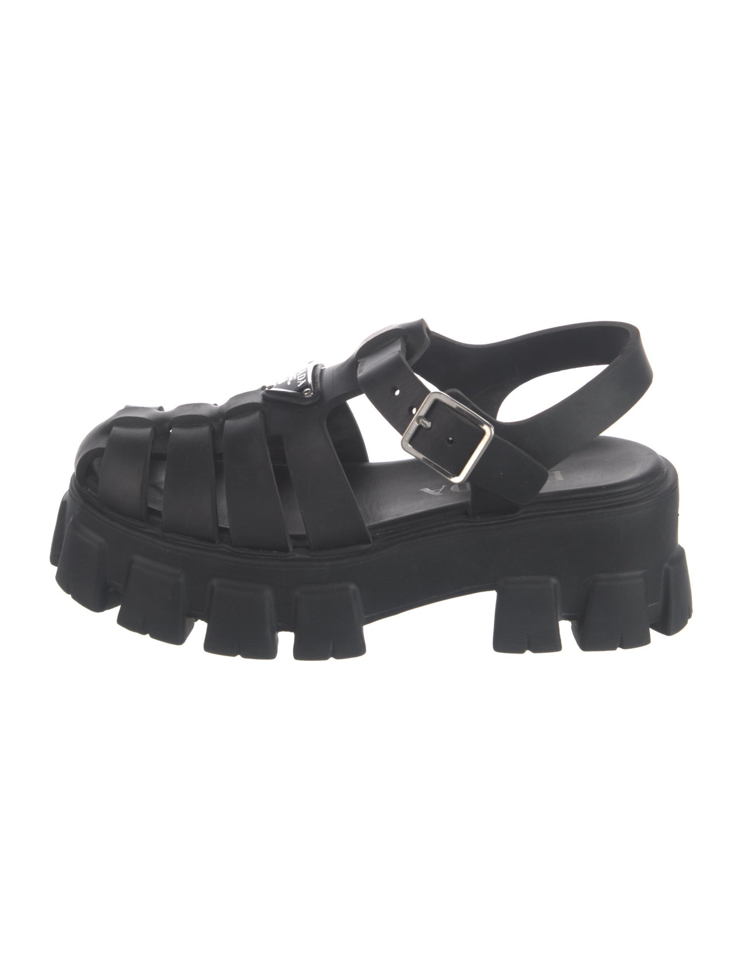 Prada Enameled Metal Triangle Rubber Slingback Sandals