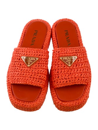 Prada Enameled Metal Triangle Raffia Slides