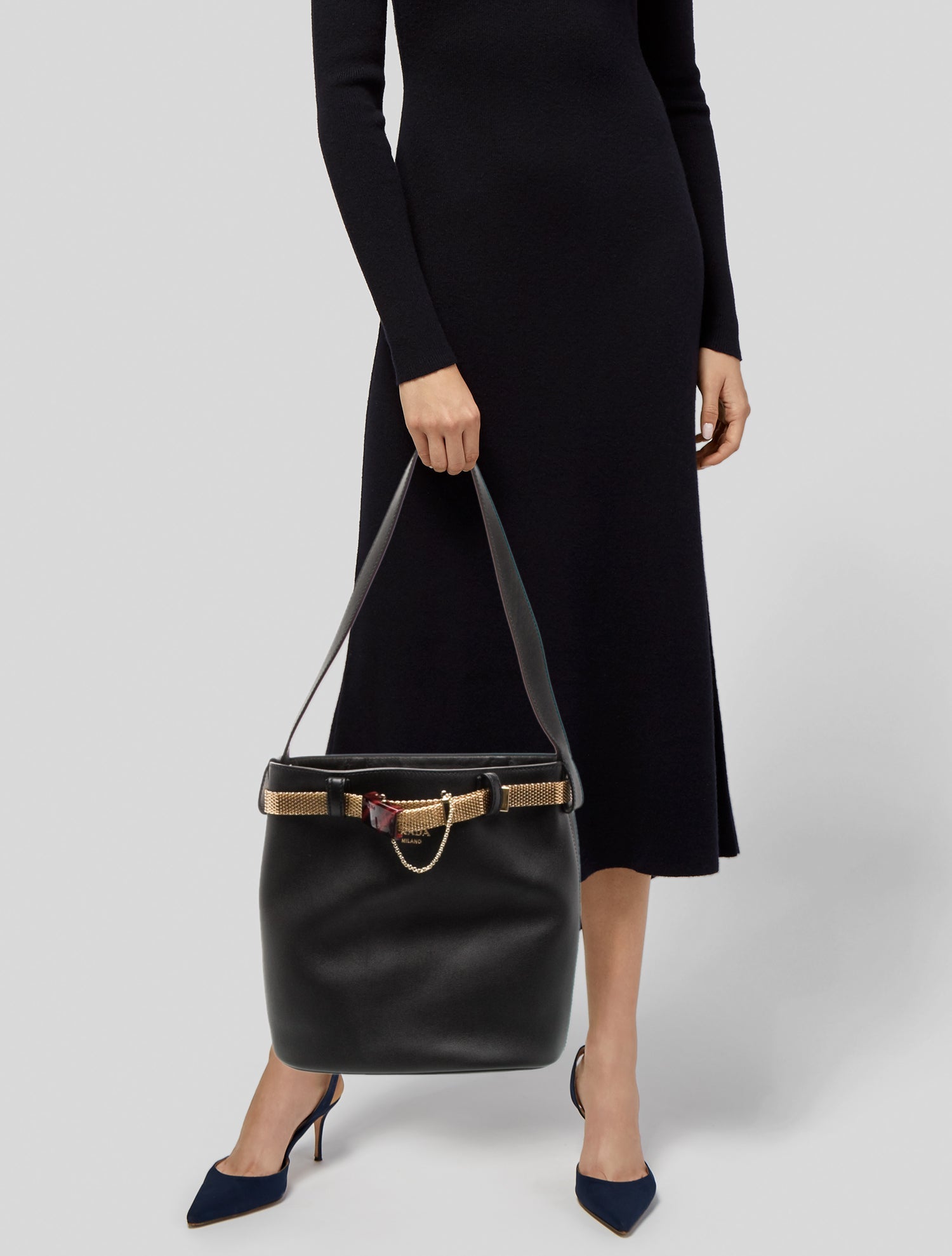 Prada Enameled Metal Triangle Jeweled Bucket Bag 2024