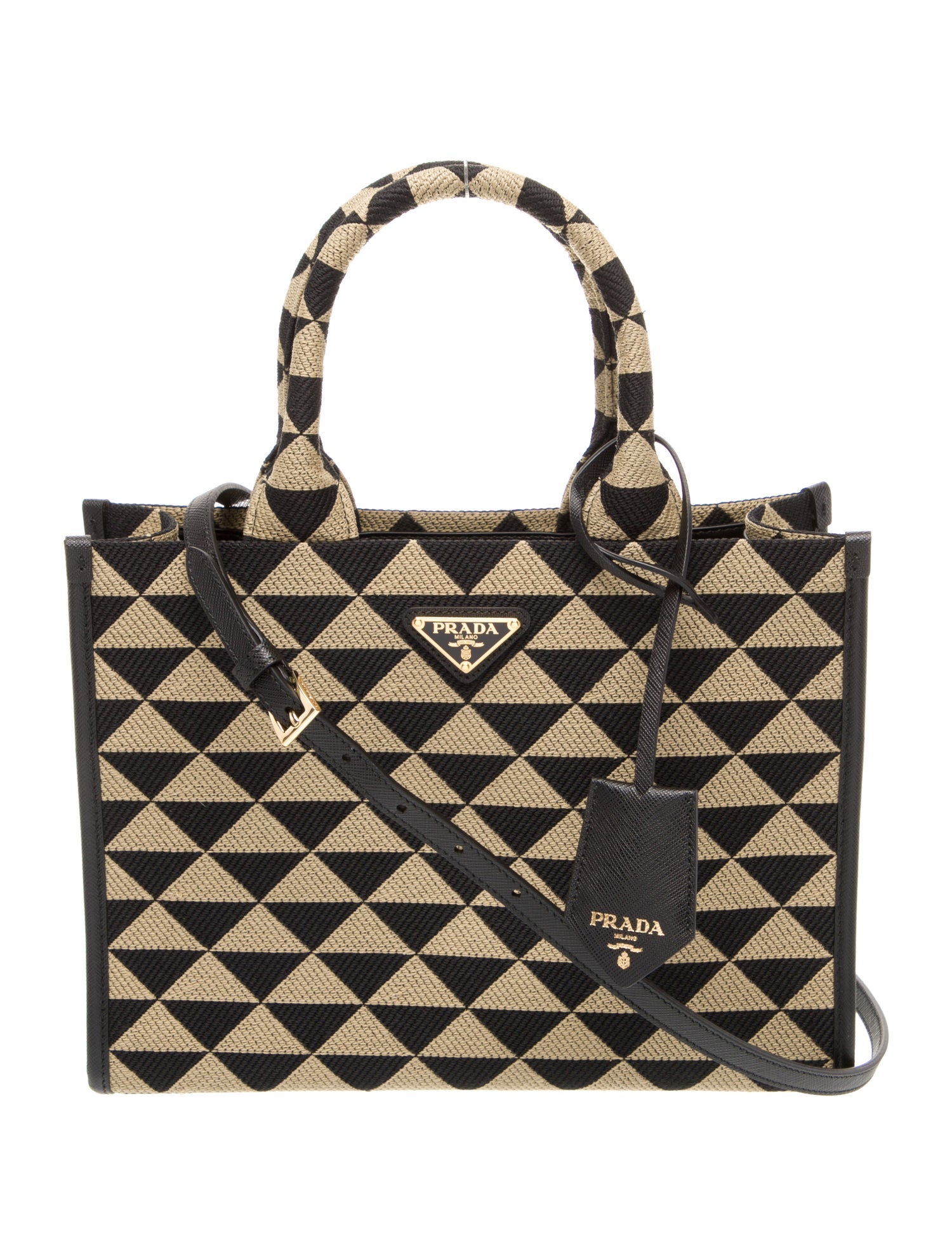 Prada Enameled Metal Triangle Small Symbole Embroidered Tote Bag Small