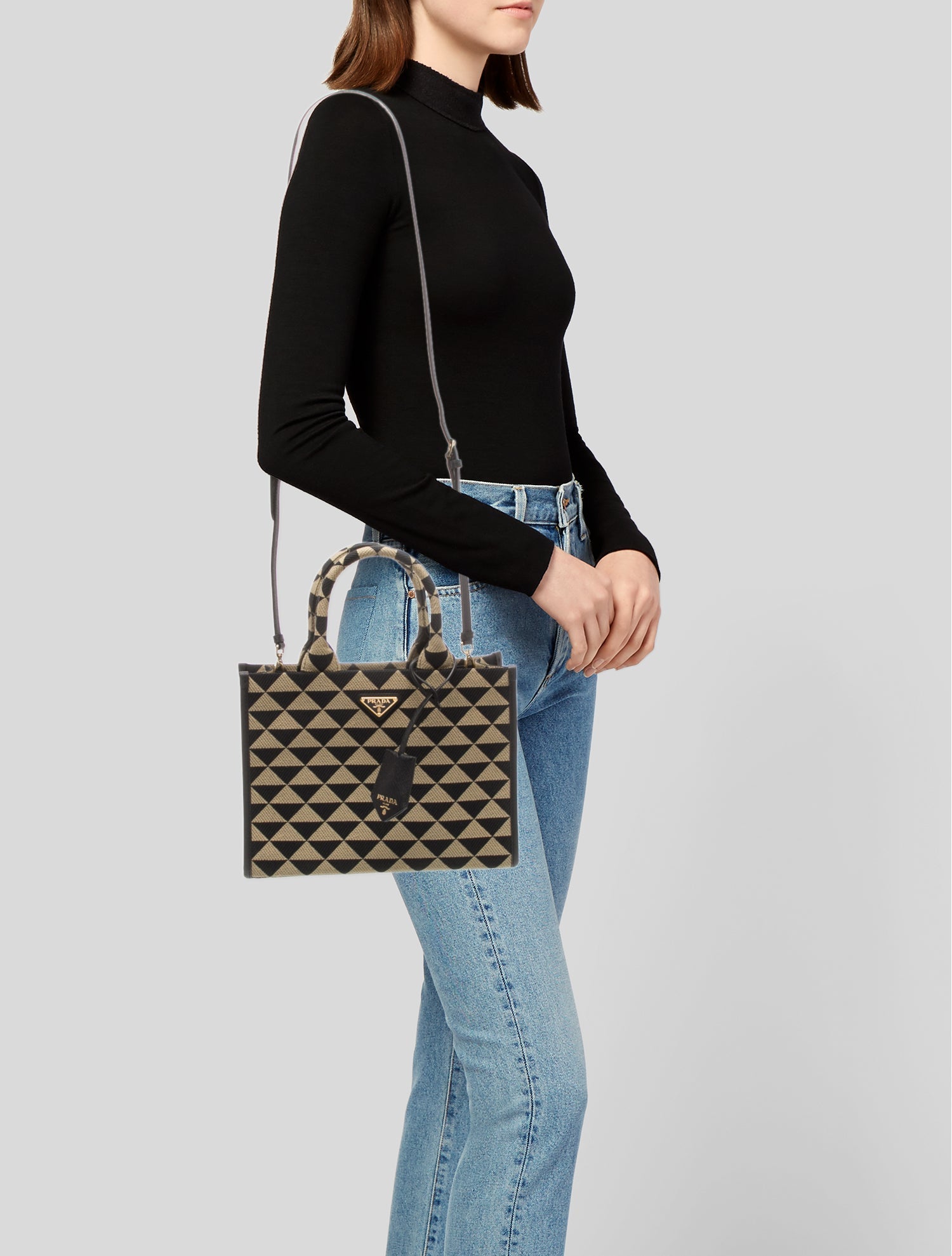 Prada Enameled Metal Triangle Small Symbole Embroidered Tote Bag Small