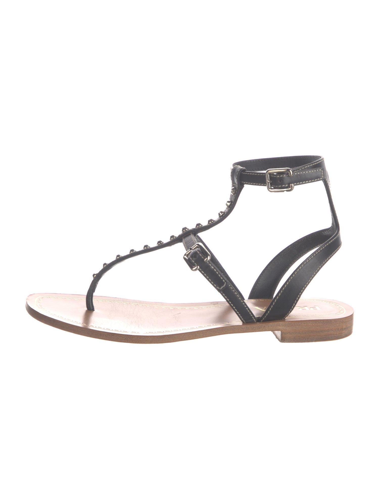 Prada Leather Studded Accents T-Strap Sandals